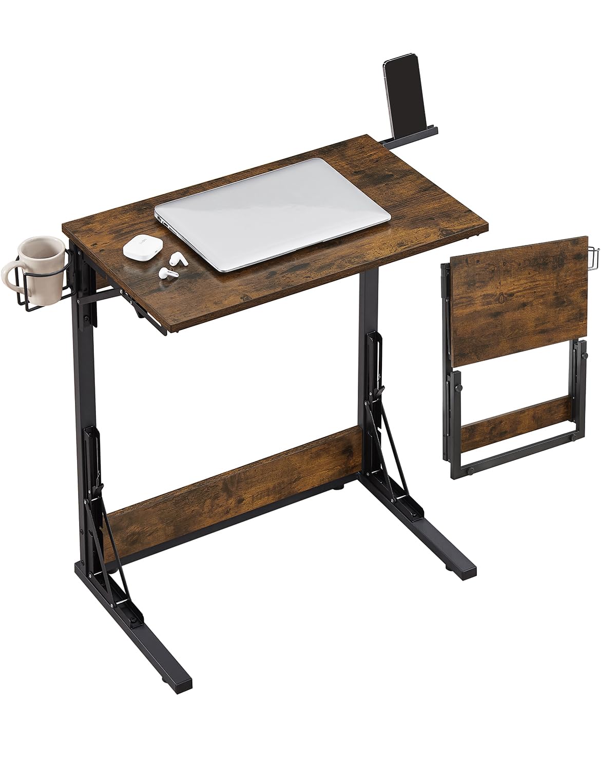 Tatub 24" Upgraded Folding TV Tray Table, Foldable C Shaped End Table for Couch, TV Dinner Tray with Cup Holder, Small Sofa-Side Laptop Desk for Living Room Bedroom, Rustic Brown