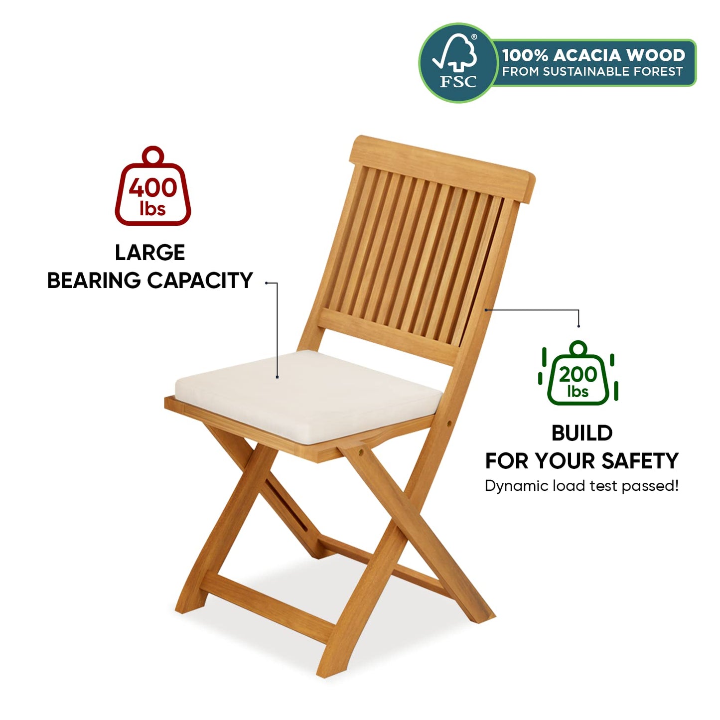 IDZO Heavy Duty 400lbs Capacity Patio Bistro Sets, 3 Piece Outdoor Folding Chairs with Cushions and Round Table, FSC-Certified Acacia Wood, Space-Saving Design for Balcony, Garden and Porch