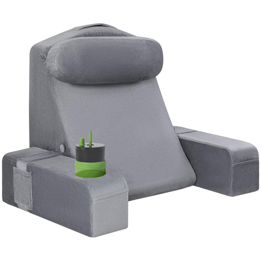 AS AWESLING Reading Pillow for Adults, Back Pillow for Bed Sitting Up, Backrest Pillow for Sitting in Bed, Detachable Arms with Built-in Cup & Phone Caddy (Gray, 21 INCH)