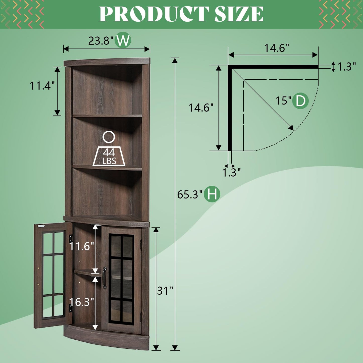 AMERLIFE Curved Corner Storage Cabinet, 65" Tall Freestanding Bookcase with Glass Doors & Adjustable Shelves, 5-Tier Corner Display Cabinet for Living Room, Bathroom, Laundry Room, Espresso