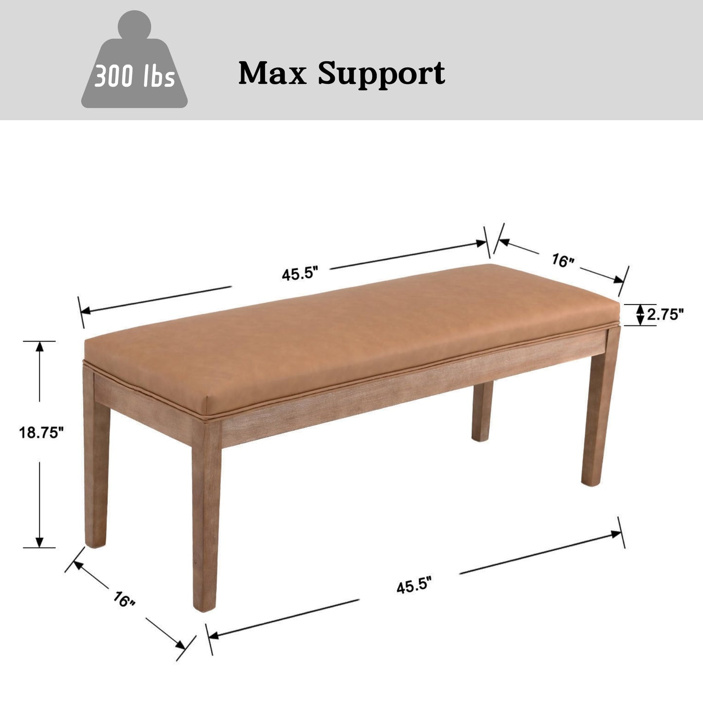 Janoray PU Leather Entryway Bench Farmhouse Dining Benches Upholstered Bedroom Bench Shoe Bench Seat for Hallway Living Room Bedroom End of Bed, 16" D x 45.5" W x 18.75" H, Brown