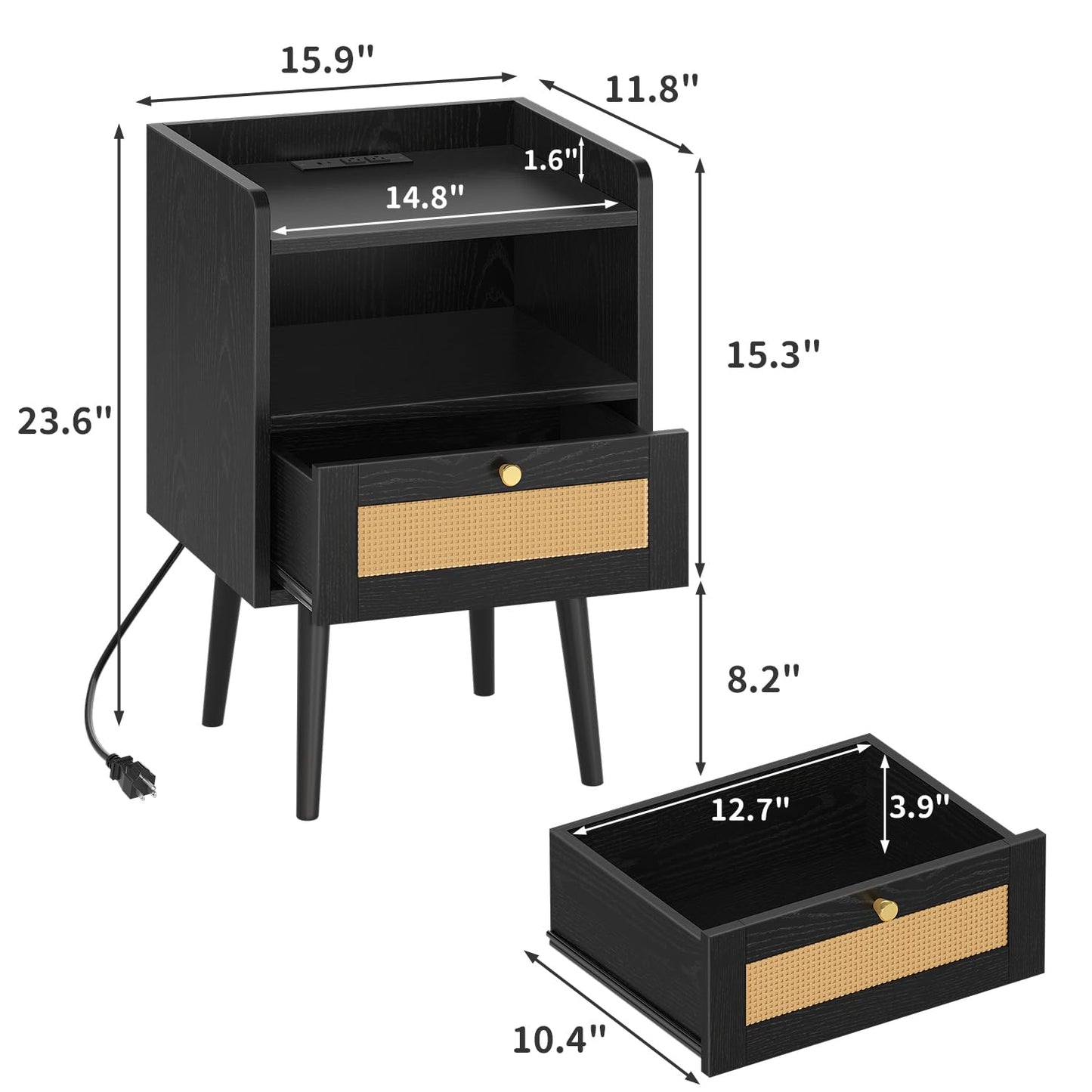 Night stand Set of 2, Bedside Tables with Charging Station, Rattan End Tables, Bed Side Tables, Wood Nightstands set of 2 for Farmhouse Kids' Room Bedroom Living Room Dorm Sofa Office Corner(Black)