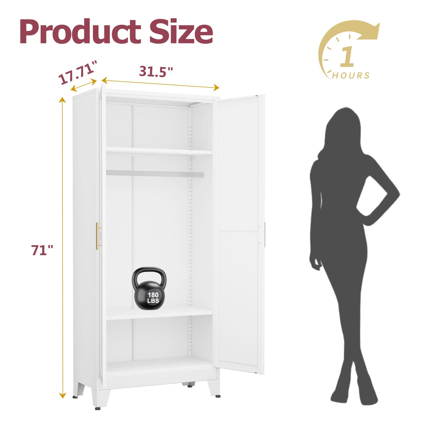 GAIOUS Metal Wardrobe Cabinet with Hanging Rod, 71" Metal Clothing Storage Cabinets with 2 Doors and Adjustable Shelves, White Armoire Wardrobe Closet for Bedroom, Laundry Room, Cloak Room