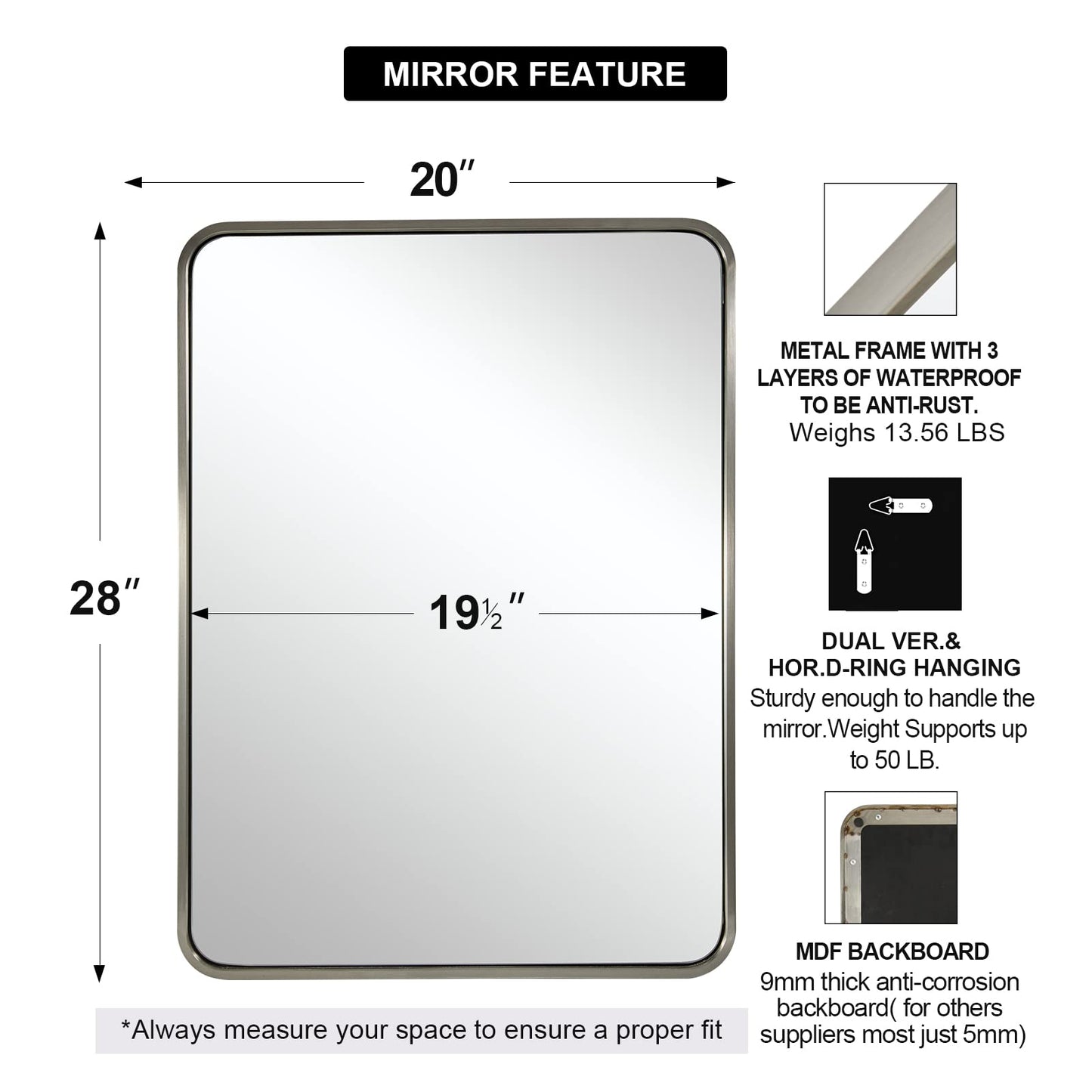 ANDY STAR Mirrors for Wall, 20x28’’ Brushed Nickel Bathroom Mirror, Rounded Rectangle Mirrors for Vanity, Anti-Rust SUS304, Tube Metal Frame, 1’’ Deep Wall Mounted Vertically/Horizontal