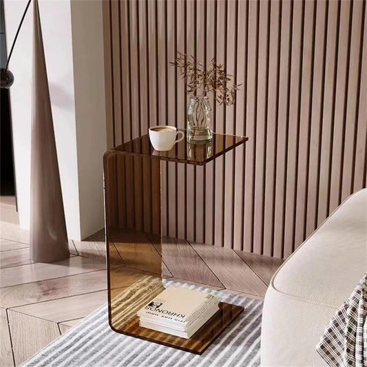 Acrylic End Table,C Shaped End Table, Acrylic Sofa Side Table, Bedside Table for Bedroom Small Simple Modern Coffee Table Suitable for Living Room (Brown)