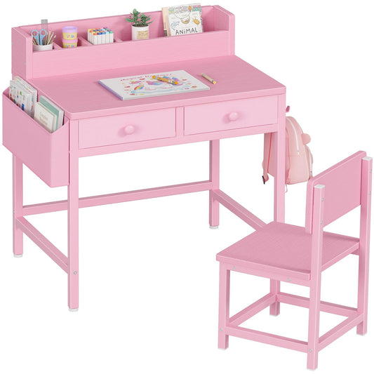 BOLUO Pink Kids Desk and Chair Set for 5-8 Year Old, Small Child Desk with Fabric Drawer, Children Study Table with Storage Girls Boys