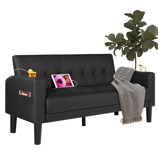 AILEEKISS 62" Loveseat Couches Upholstered Leather Love Seat Sofas Couch with 2 USB, Cup Holders, Side Pocket, Mid-Century Modern Tufted Sofa for Living Room,Office,Bedroom,Apartment (Black, 2-Seat)