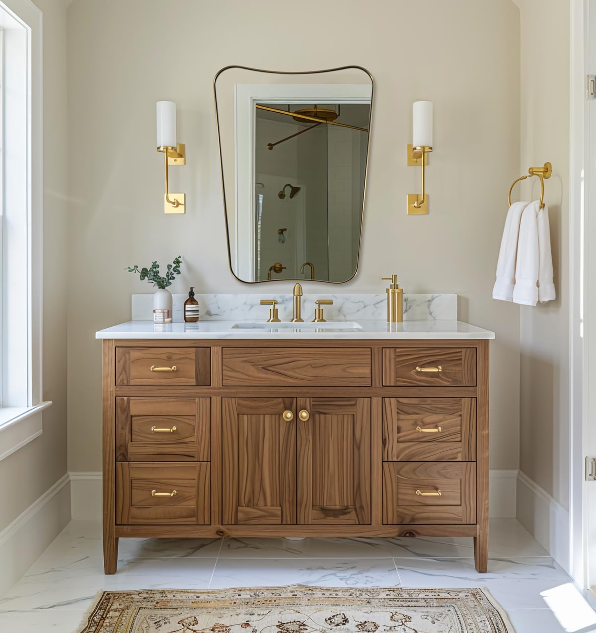 ANDY STAR Gold Vanity Mirror, 22x30 Inch Brushed Gold Bathroom Mirror, Asymmetrical Mirror in Never-Rust Stainless Steel Metal Frame, Butterfly Shape Decorative Mirror for Hallway, Living Room