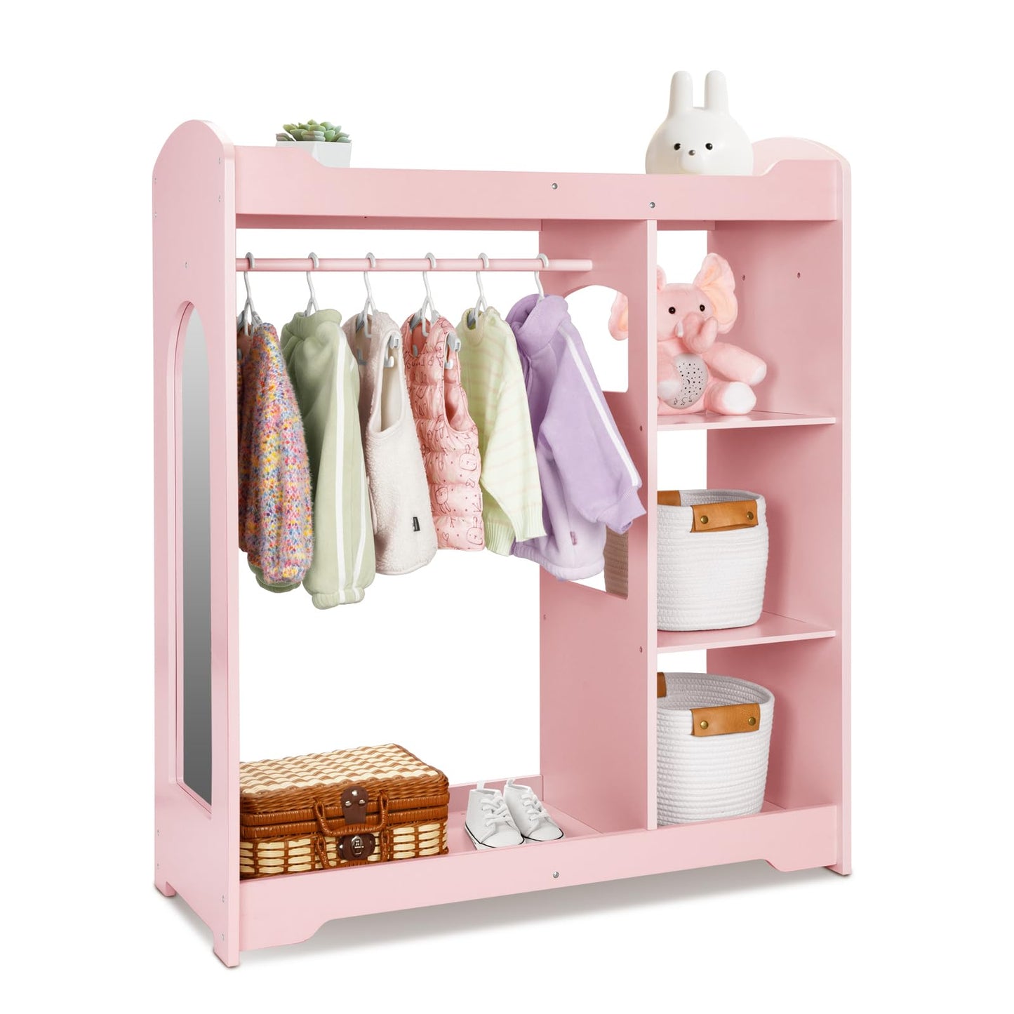 OOOK Kids Clothing Rack and Armoire with Mirror, Appropriate Height Kids Dress up Storage with Anti-tip Device, Helping Children Manage Own Clothes, Nice Dressers for Bedroom, Nursery