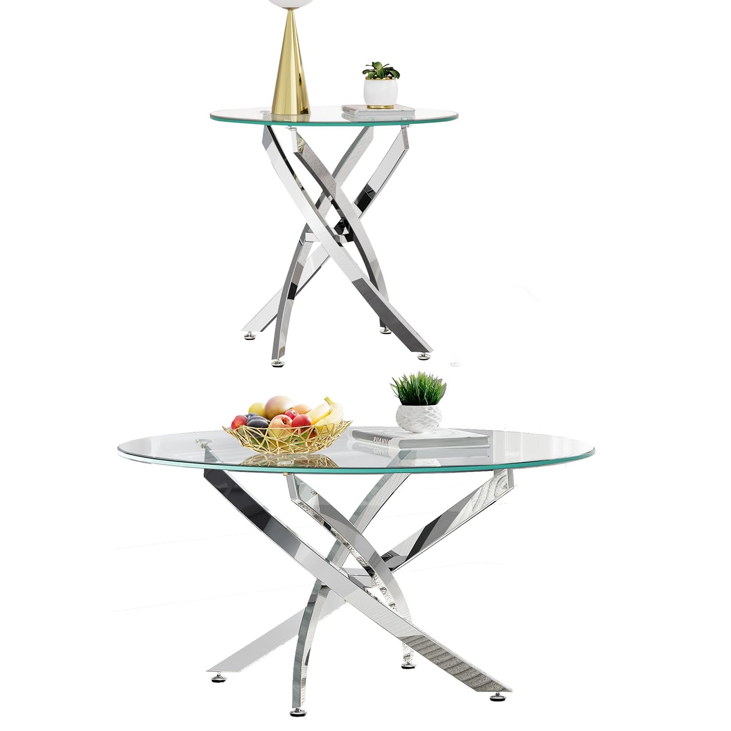 SSLine Modern Round Glass Coffee End Table Set of 2 Luxury Circle Cocktail Center Table with 1 End Table for Living Room Bedroom Office, Mirrored Stainless Steel Cross Base(Clear Silver2)