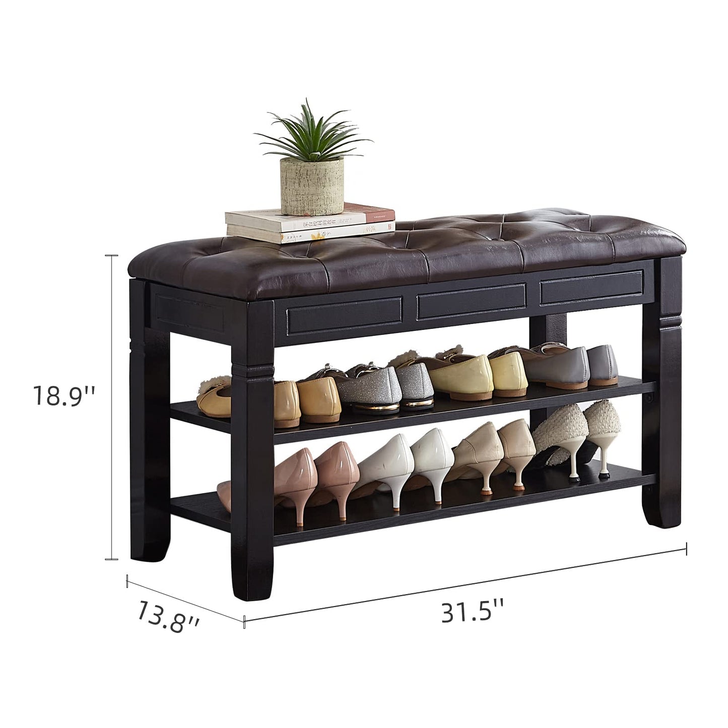 ZIRKOOON Shoe Storage Bench, Entryway Shoe Rack with Fiberleather Seat 2-Tier Lift Top Organizer Wooden Shoe Bench for Entryway Hallway Living Room (Black 31.5x13.8x18.9'')