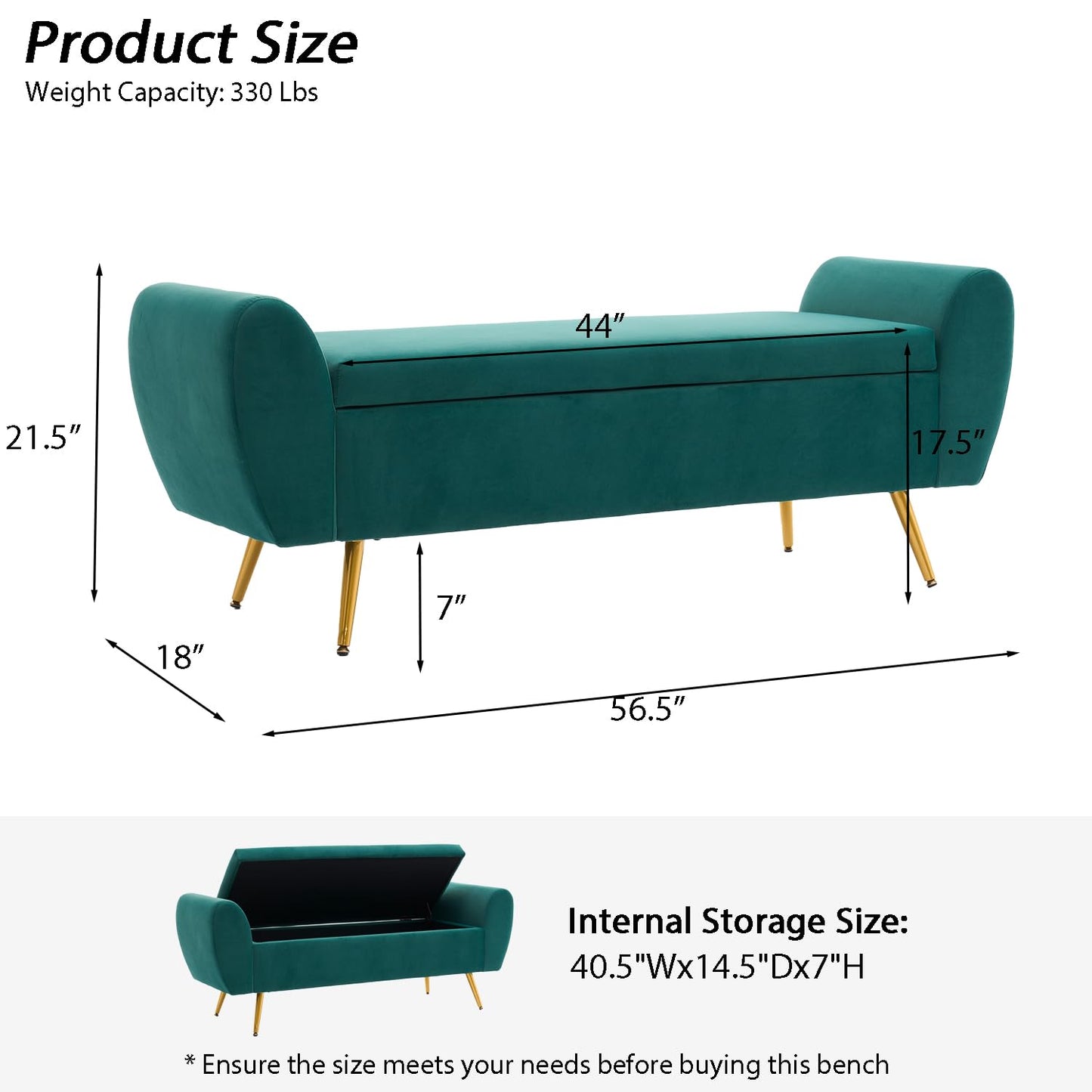 AIITTCC Storage Bench for Bedroom, 57" Extra Long Bench for King Size Bed, Modern Upholstered End of Bed Ottoman Bench with Arms for Entryway Living Room (Velvet, Green)