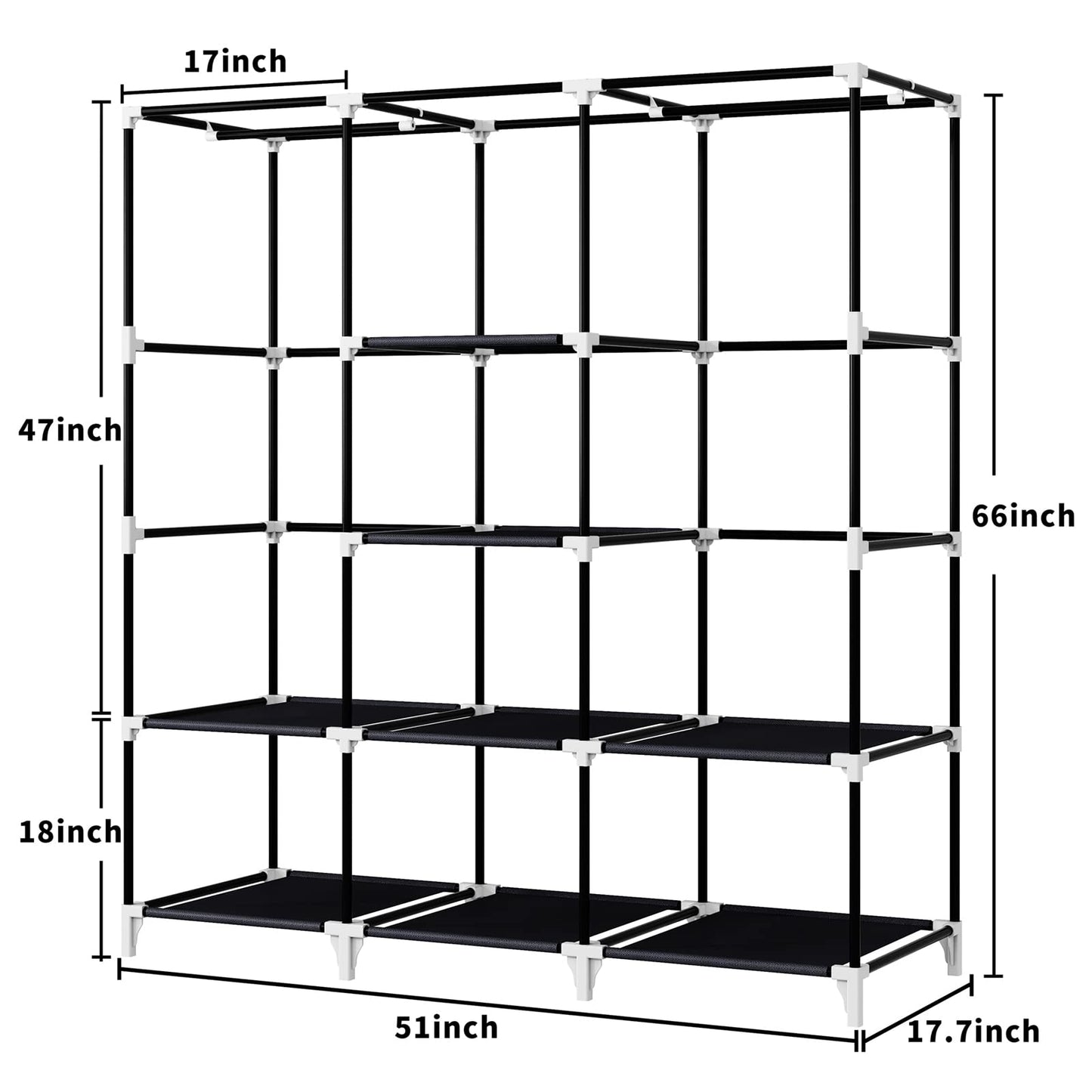 KEKIWE Portable Closet, 51 Inch Wardrobe Closet for Hanging Clothes with 2 Hanging Rods, 8 Storage Organizer Shelves for Bedroom, Durable and Easy to Assemble, Black