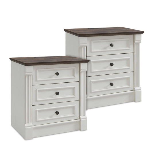 Aitjunz 26" Tall Farmhouse Nightstand Set of 2, 3 Drawers End Table w/Charging Station, 23.6" Wide Large Side Table w/Roman Column, Wood Rustic Sofa Table for Bedroom, Living Room, White