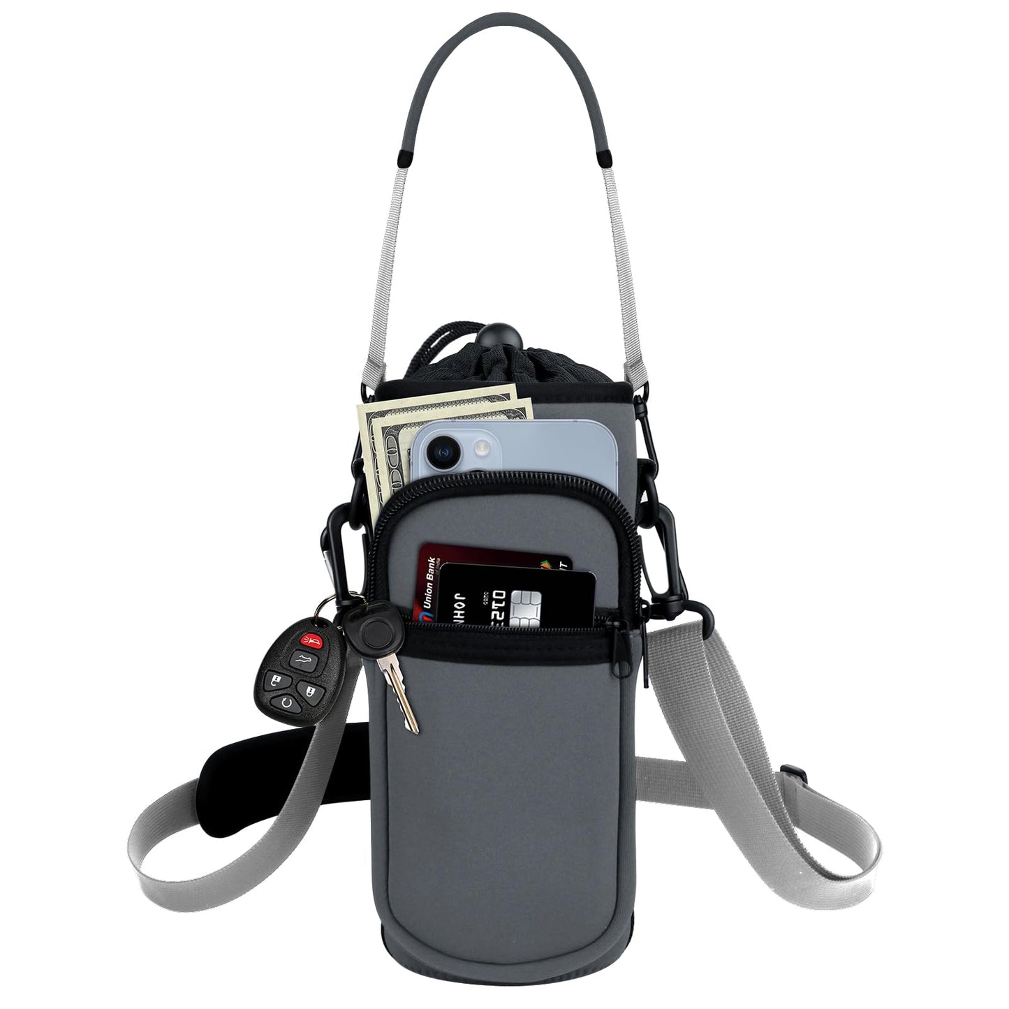Bstge Water Bottle Holder with Strap, Water Bottle Carrier Bag with Phone Pocket, Shoulder Hand Strap Insulated Neoprene 32 oz Water Bottle Sleeve for Walking Hiking Camping Gym(Gray)