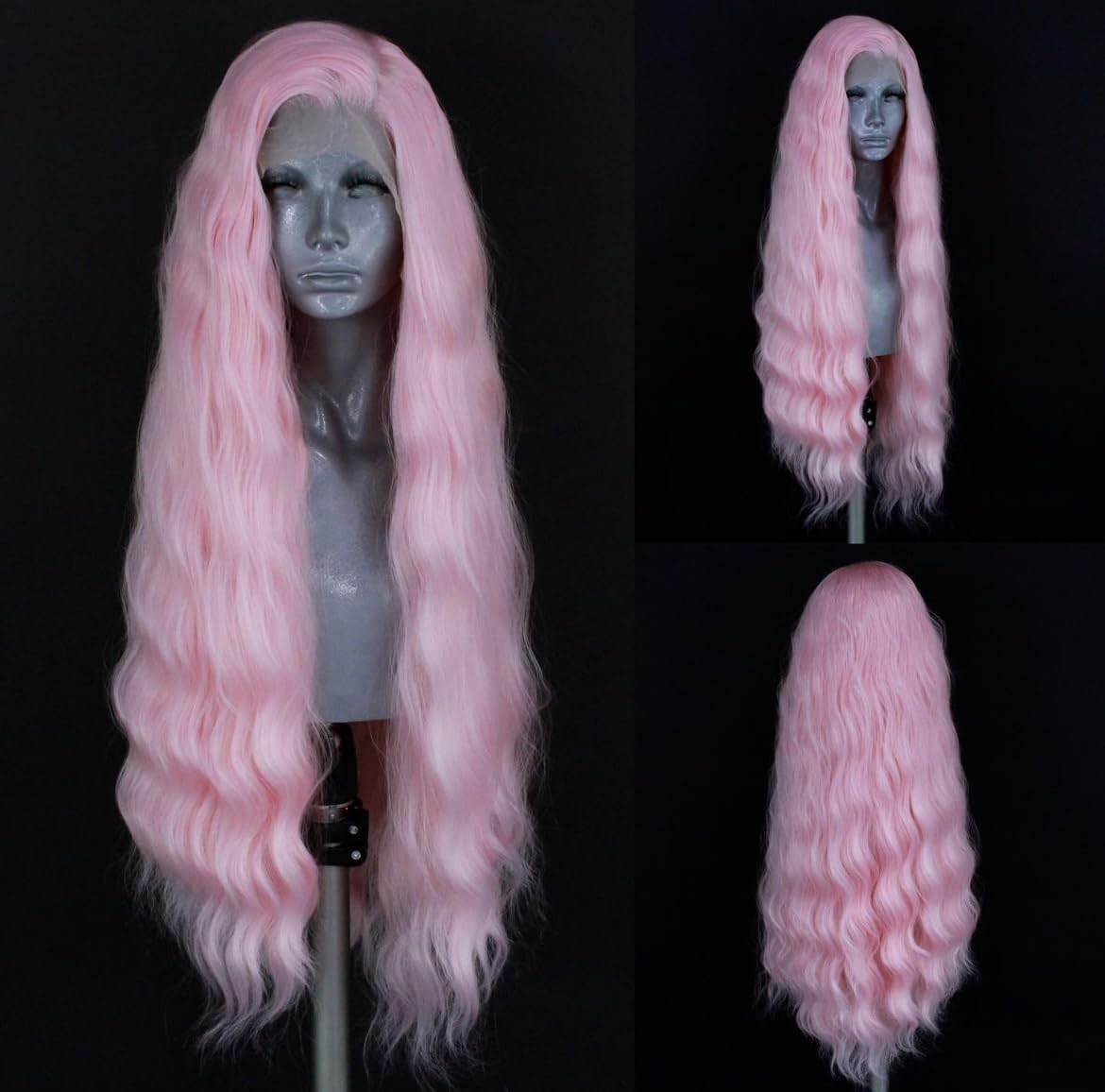WXHWCX Pink Synthetic Lace Front Wigs Free Part Loose Wave Heat Resistant Natural Hairline Fiber Hair Glueless Lace Wigs for Women Cosplay Daily Party Wig
