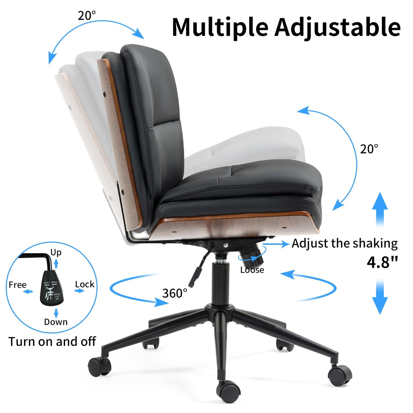 LONWIK Armless Modern Walnut Office Desk Chair with Wheels, PU Leather Adjustable Wide Swivel Task Chair, Ergonomic Cross Legged Computer Chair for Conference Room, Home Office (Black)