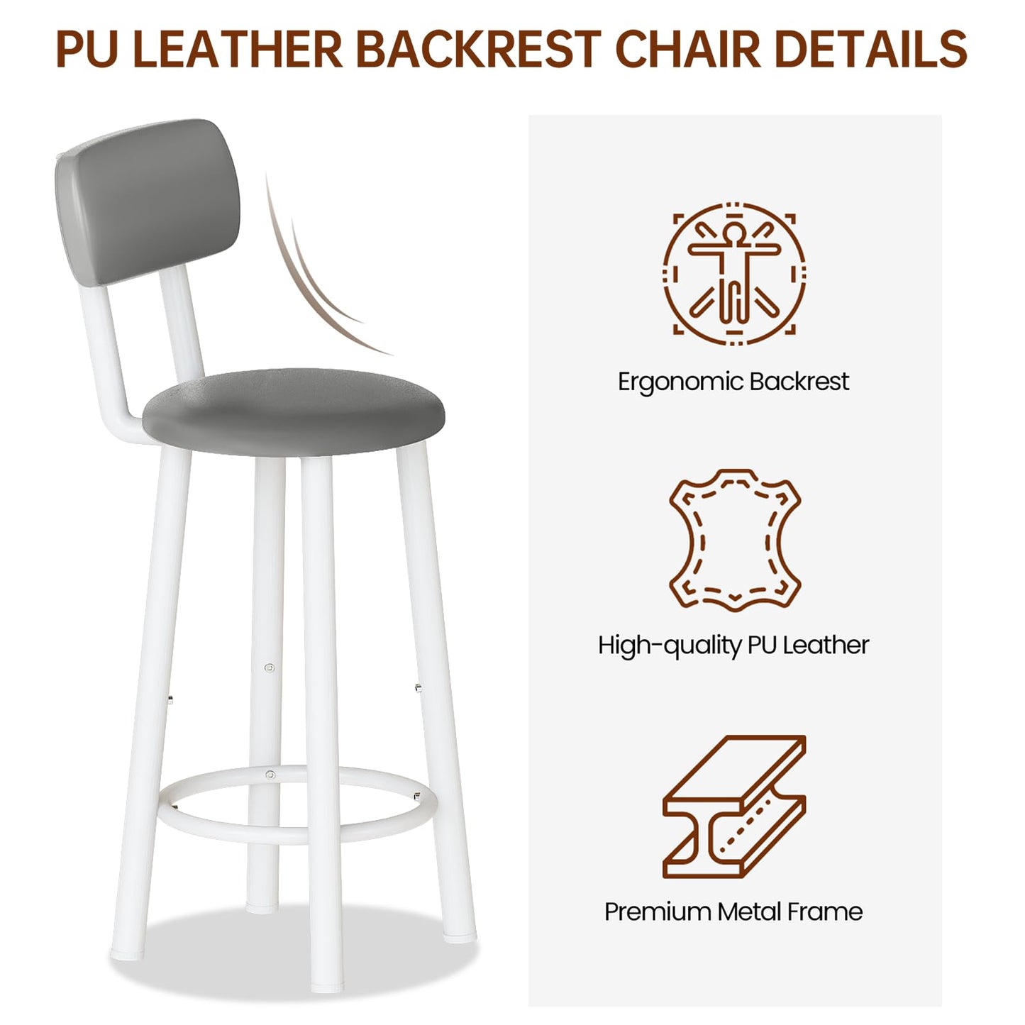 DKLGG Dining Table Set for 2, Counter Height Pub Table with 2 PU Leather Widen Backrest Bar Stools & 3 Storage Shelves, Bar and Chairs Set for Small Space Kitchen, Dining Room, Bar, Grey