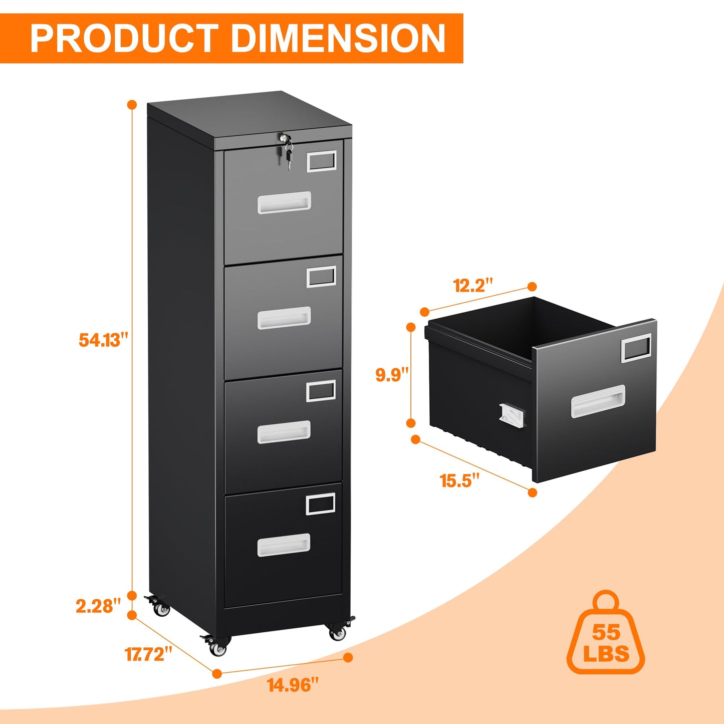 Aobabo 56" H 4 Drawer Moblie Office File Cabinet with Lock, Rolling Metal Filing Storage Cabinet, Legal/Letter A4 Sizel, Black, Assembly Required