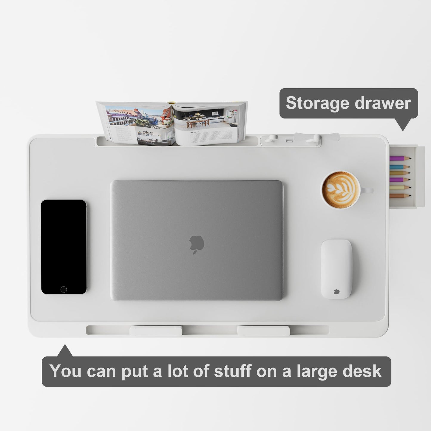 INHABIT UNION Laptop Desk for Bed with Drawer,Folding Lap Desk with Adjustable Heights and Angles, for Working Reading Writing,Bed Sofa Couch Laptop Table with USB Light Fan 23.6in (White)