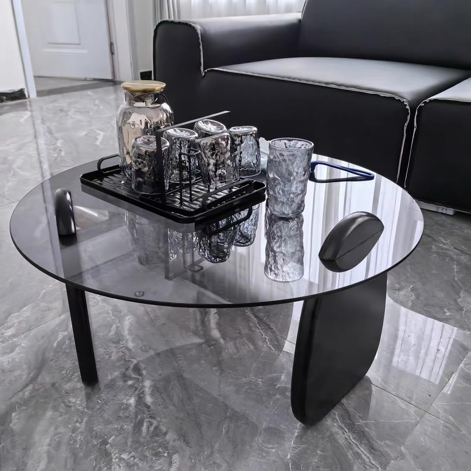 EASYSOUL Modern Round Glass Coffee Table for Living Room with Wood Base, 35.43" D x 35.43" W x 13" H, Mid Century Circular Center Coffee Tables (Black-Grey Glass/35.43 ")