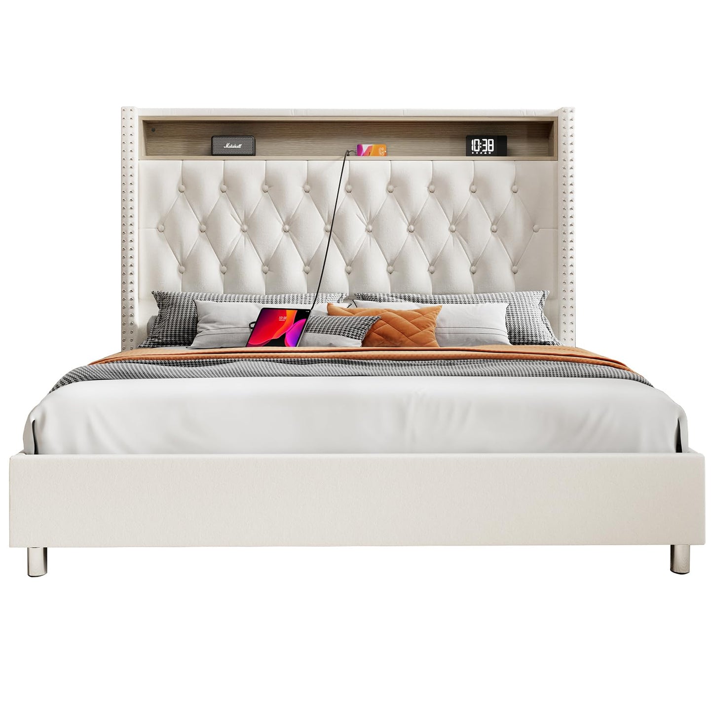 Jocisland Queen Size Bed Frame 53.6'' Tall Headboard LED Lights and Charging Station, Velvet Hign Upholstered Platform Bed Wingback Storage, No Box Spring Needed, Motion Activated Light, Light Cream