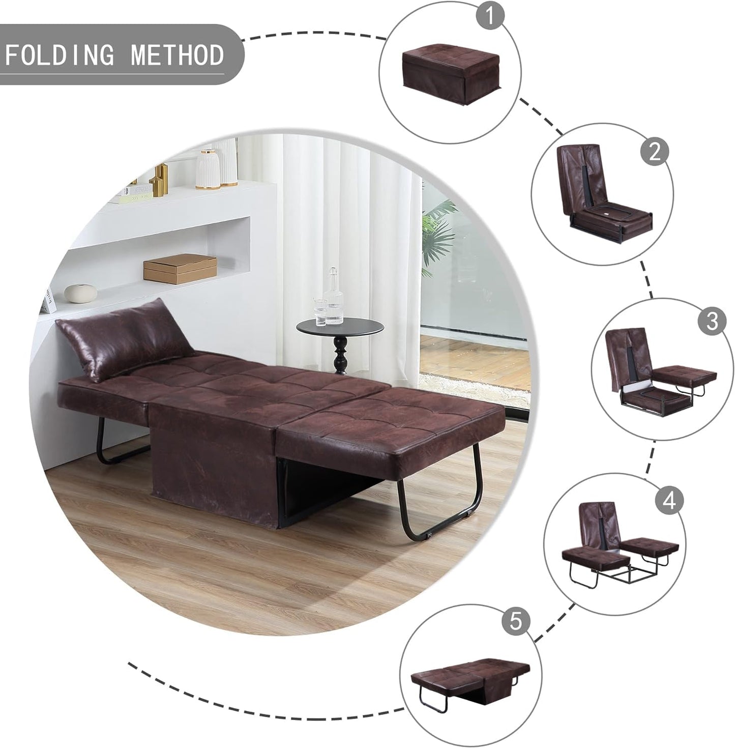 BIGSYY Sofa Bed, 4 in 1 Multi-Function Folding Ottoman Breathable Linen Couch Bed with Adjustable Backrest Modern Convertible Chair for Living Room Apartment Office, PU Imitation, Brown