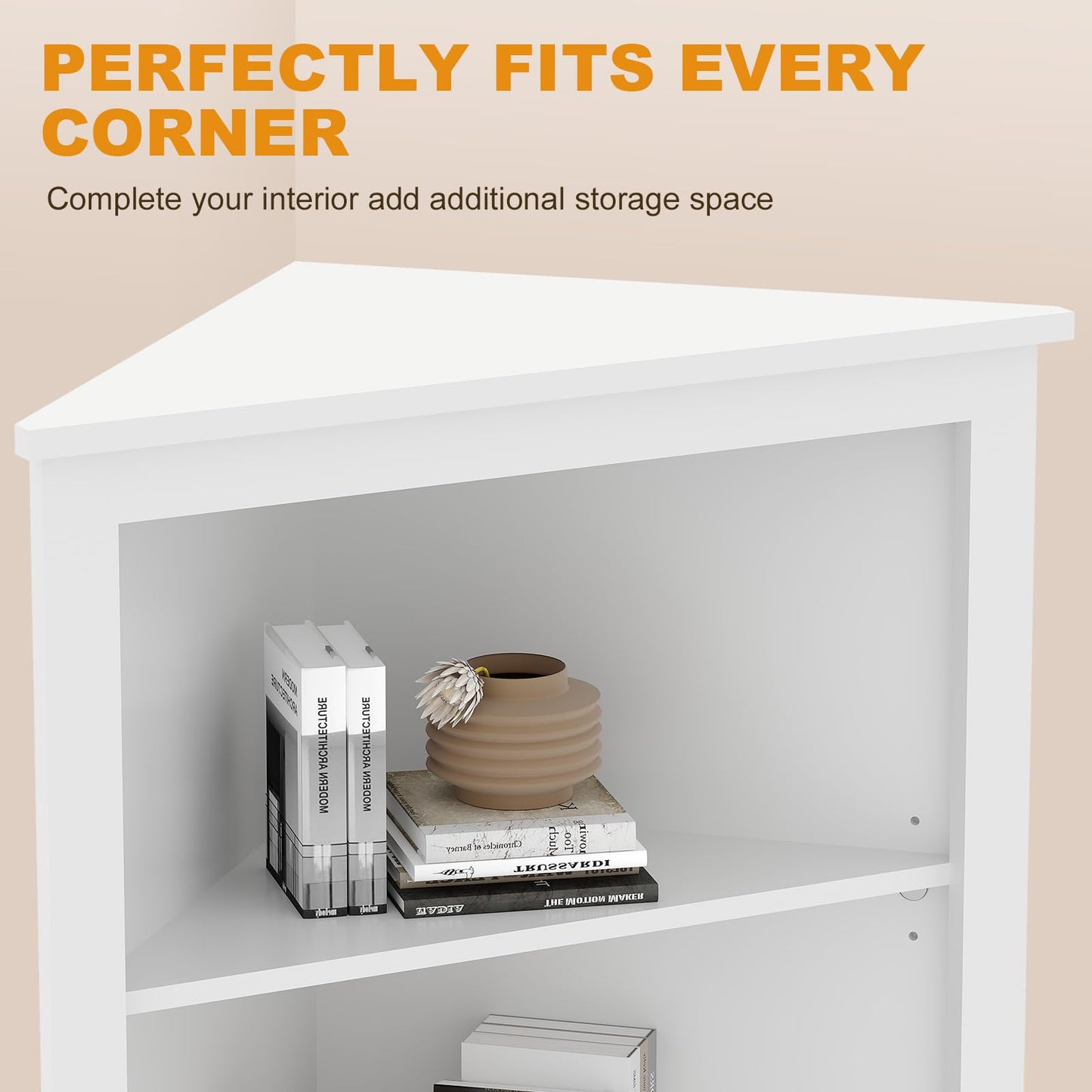 Amenitlif Corner Storage Cabinet with Adjustable Shelves - 63.78" Tall Freestanding Bathroom & Kitchen Organizer, Space-Saving Cabinet for Pantry, Laundry Room - Rustic White Finish, Easy Assembly