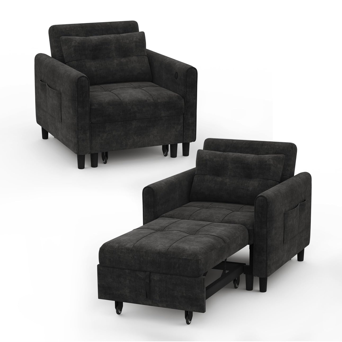 Casaottima Sleeper Chair with Pull Out Bed, Convertible 3-in-1 Lounge Chair with Adjustable Backrest, Chenille Sleeper Sofa for Living Room, Black