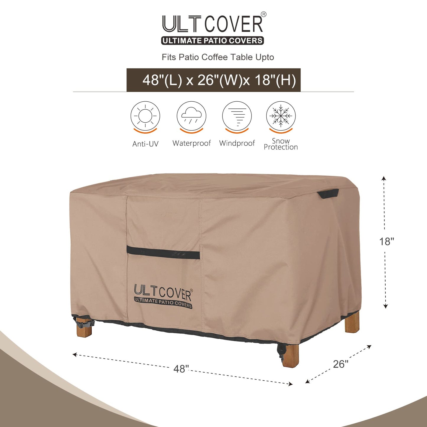 ULTCOVER Patio Coffee Table Cover, Waterproof Rectangular Outdoor Small Side Table Cover 48x26x18 inch
