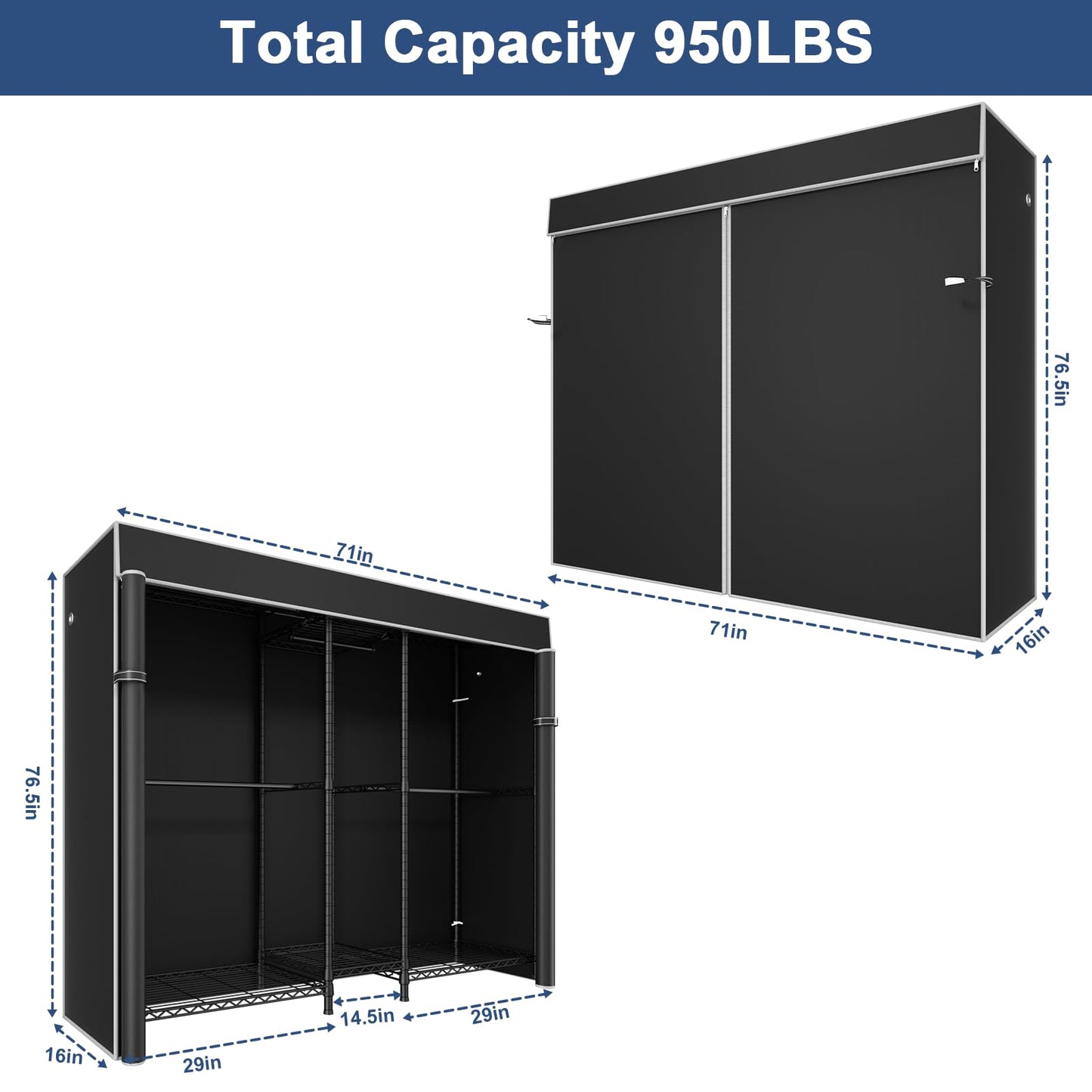 Ulif E12C Heavy Duty Closet Organizer System，Freestanding Clothing Rack, Adjustable Garment Rack 71" W x 16" D x 76.5" H Holds 960 lbs, Black Rack with Black Dustproof Cover