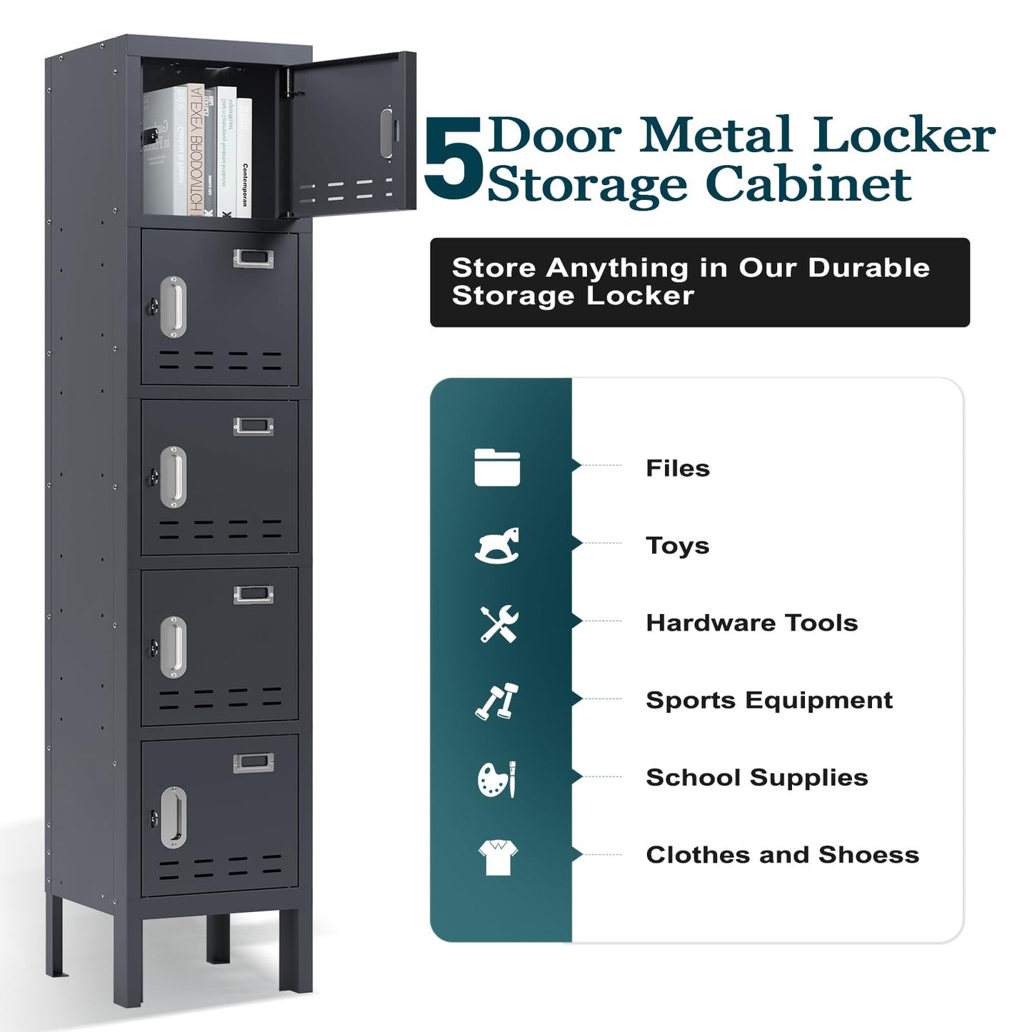 BUTISOW Metal Locker with 5 Doors,Lockers for Employees,66'' Steel Storage Locker for School,Gym, Office, Office,Garage,Lockable Metal Storage Cabinet with Hooks,Card Slots,Requires Assembly