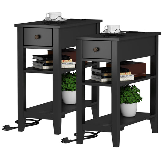 ChooChoo Black End Table Set of 2, Sofa Side Table Living Room with Charging Station,Narrow Night Stand with USB Ports & Power Outlets and Hidden Drawer