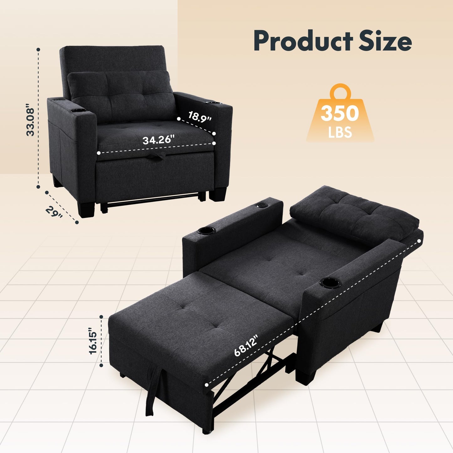 FLEXISPOT Sleeper Chair Bed with USB Ports & Cup Holders, 3-in-1 Convertible Sofa Bed for Living Room, Pull-Out Recliner Chair with Pillows, Adjustable Backrest, Small Space Furniture (Black)