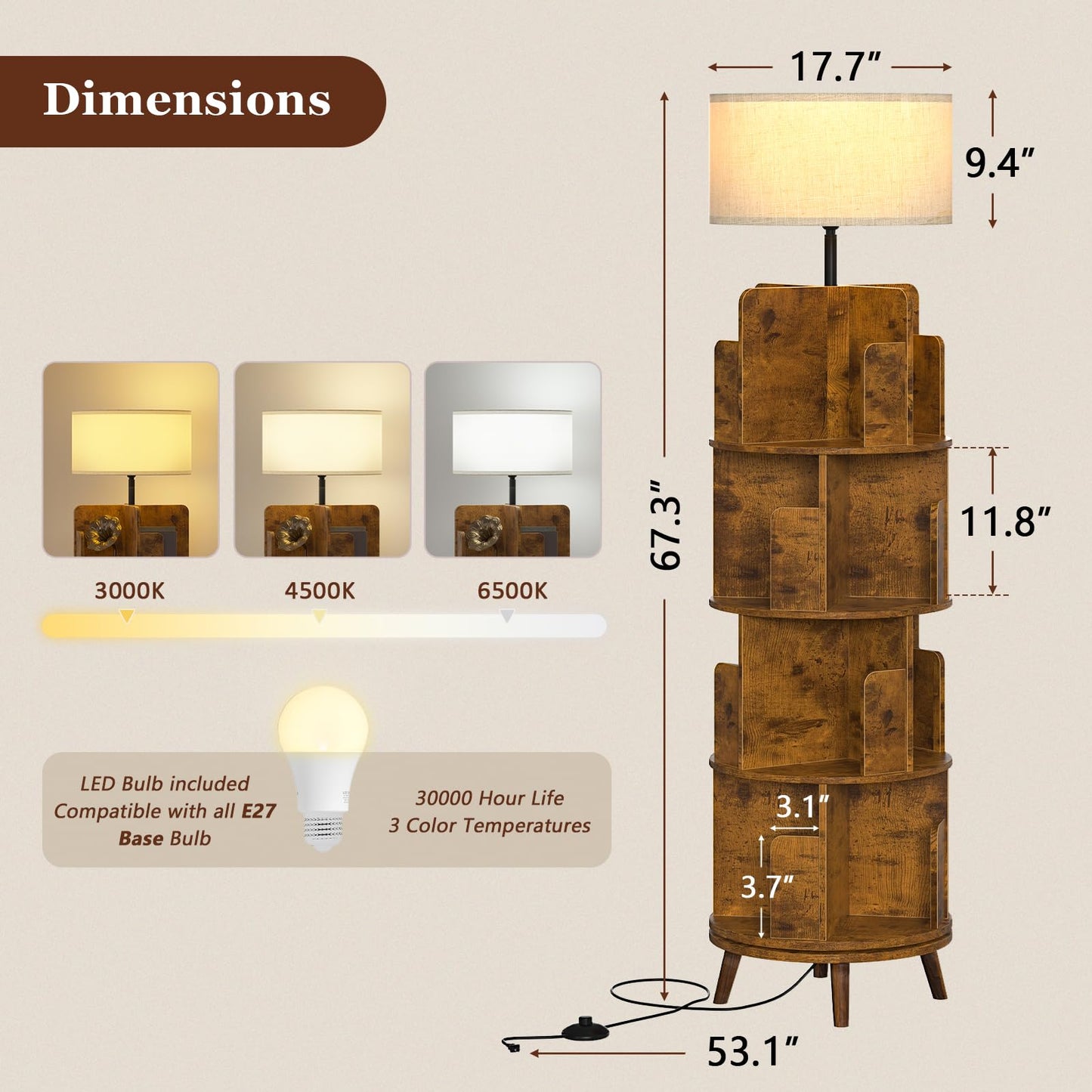 TVU Rotating Bookshelf with Light, 360 Degree Spinning Book Shelf Tower, 4-Tier Circular Bookcase for Small Spaces, Fits Any Corner, for Study、Living Room、Bedroom、Office, Flame Finish