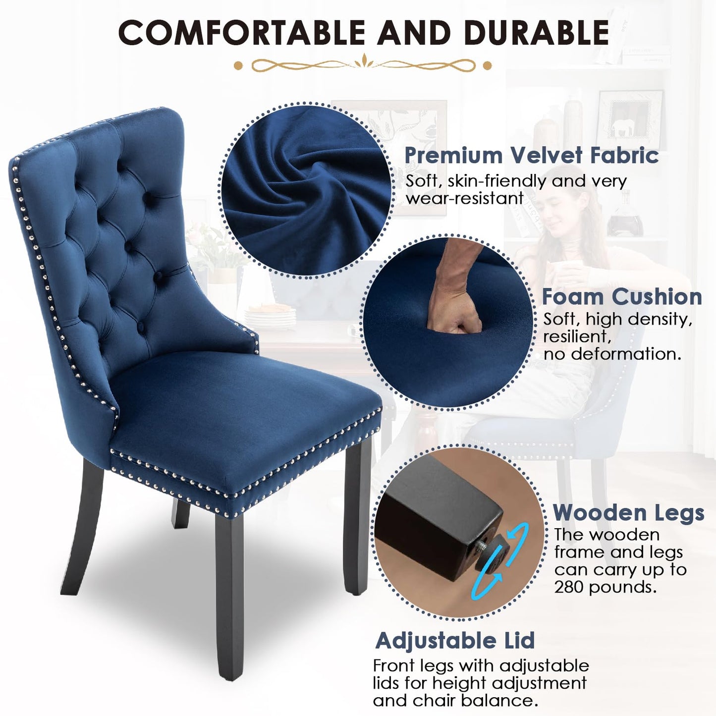 Kiztir Velvet Dining Chairs Set of 6, Upholstered Dining Room Chairs with Ring Pull Trim and Button Back, Luxury Tufted Dining Chairs for Living Room, Bedroom, Kitchen (Blue)