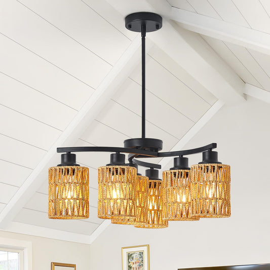 AIBISOD 6-Light Black Chandelier, 6-Light Farmhouse Boho Rattan Chandelier Dining Room Light Fixtures Over Table, Hand-Woven Wicker Shade, Adjustable Height for Dining Room Kitchen Island, E26 Base
