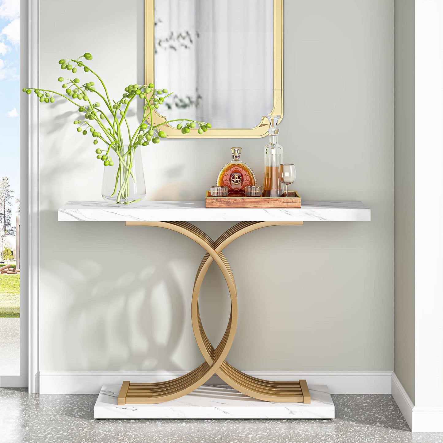 Gold Entryway Table, Modern 39" Console Table with Geometric Metal Legs, Faux Marble Narrow Wooden Sofa Table, Foyer Hallway Tabl for Entrance, Living Room (Gold & White)
