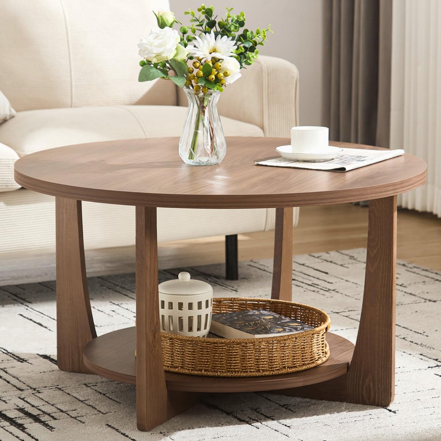 BECHAEO 31.5'' Round Coffee Table with Solid Wood Pine Legs, 2-Tier Retro Round Coffee Table with Storage Shelf, Small Modern Wood Circle Coffee Table Boho Round Center Table for Living Room (Walnut)