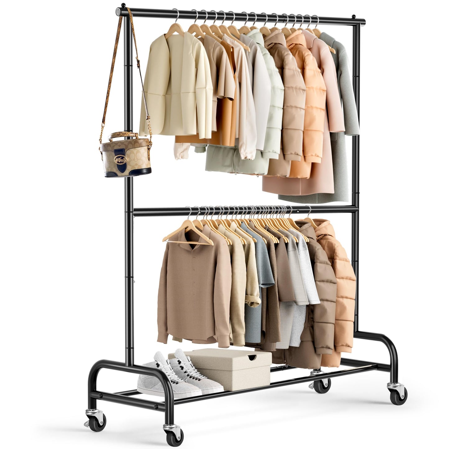 MISSLO Heavy Duty Clothing Racks for Hanging Clothes Rack Double Rod Garment Rack Rolling Closet Wardrobe Rack on Wheels, Metal, Adjustable, Black