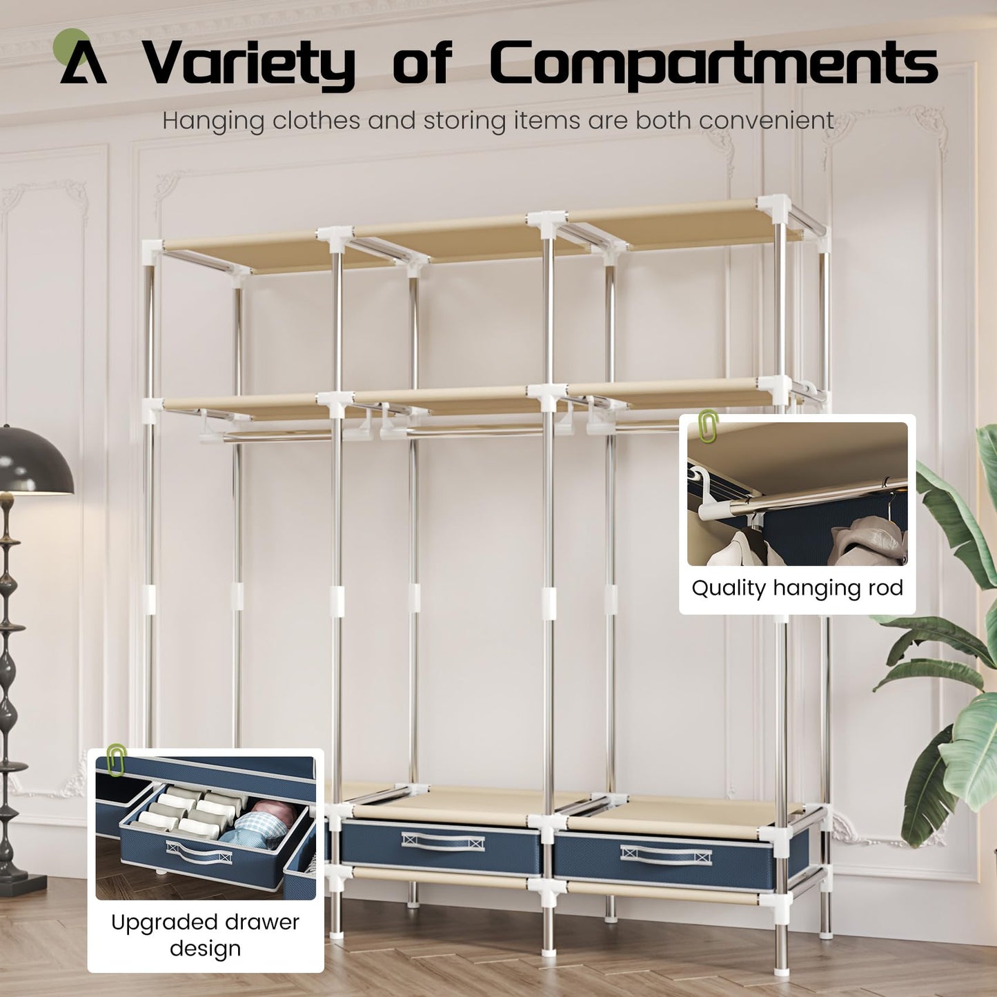 LEAlJlAFY Portable Blue Freestanding Armoire Wardrobe Closet with 3 Drawers,Modern Large Bedroom Metal Clothing Wardrobe Storage Racks for Hanging Clothes,Strong and Sturdy,for Home Small Room