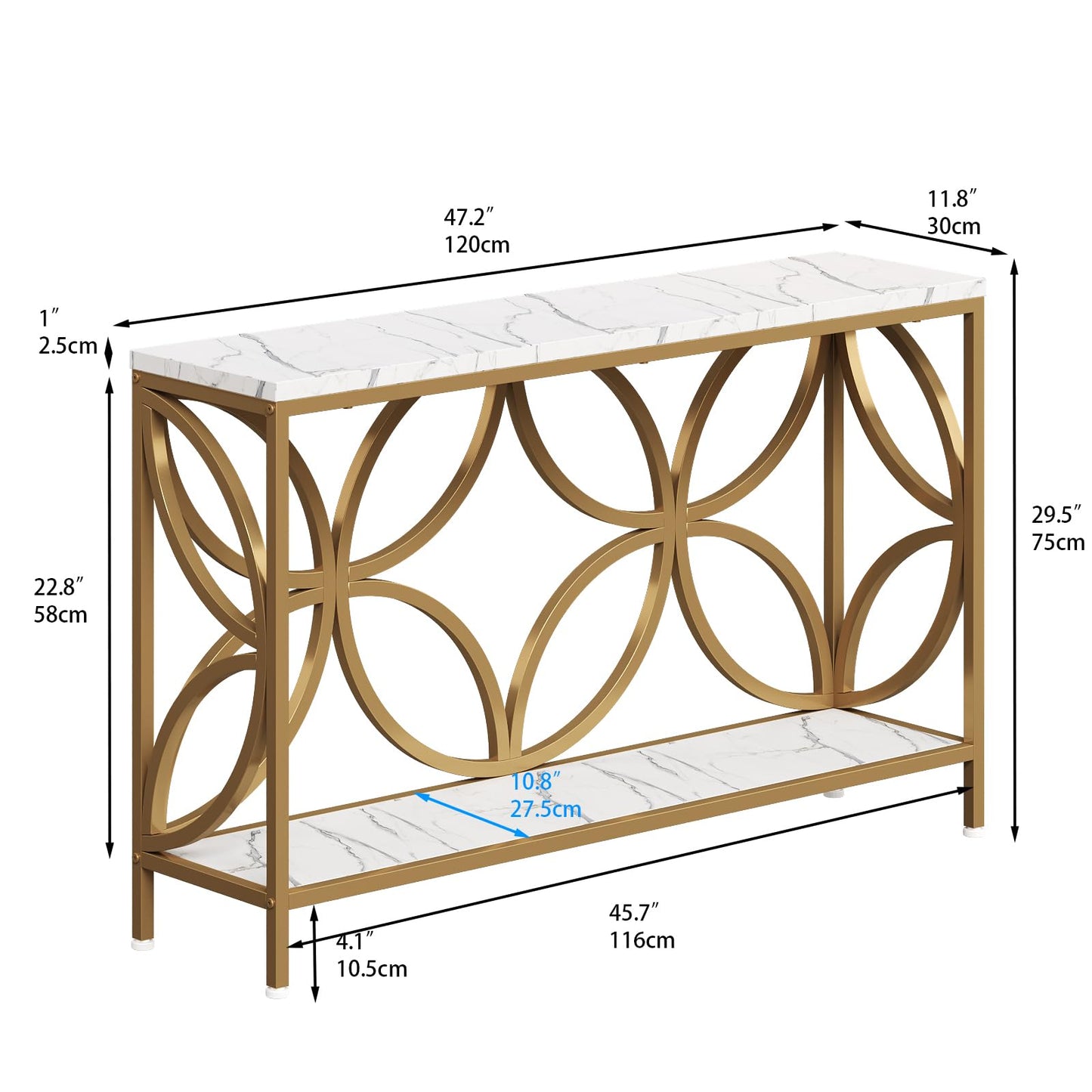 GiftGo Narrow Sofa Table 47.2 Inch, Industrial Sofa Table Behind Couch, Vintage Entry Console Table with Storage for Entryway, Living Room, Foyer, Elegant Design (White and Gold, 47.2)