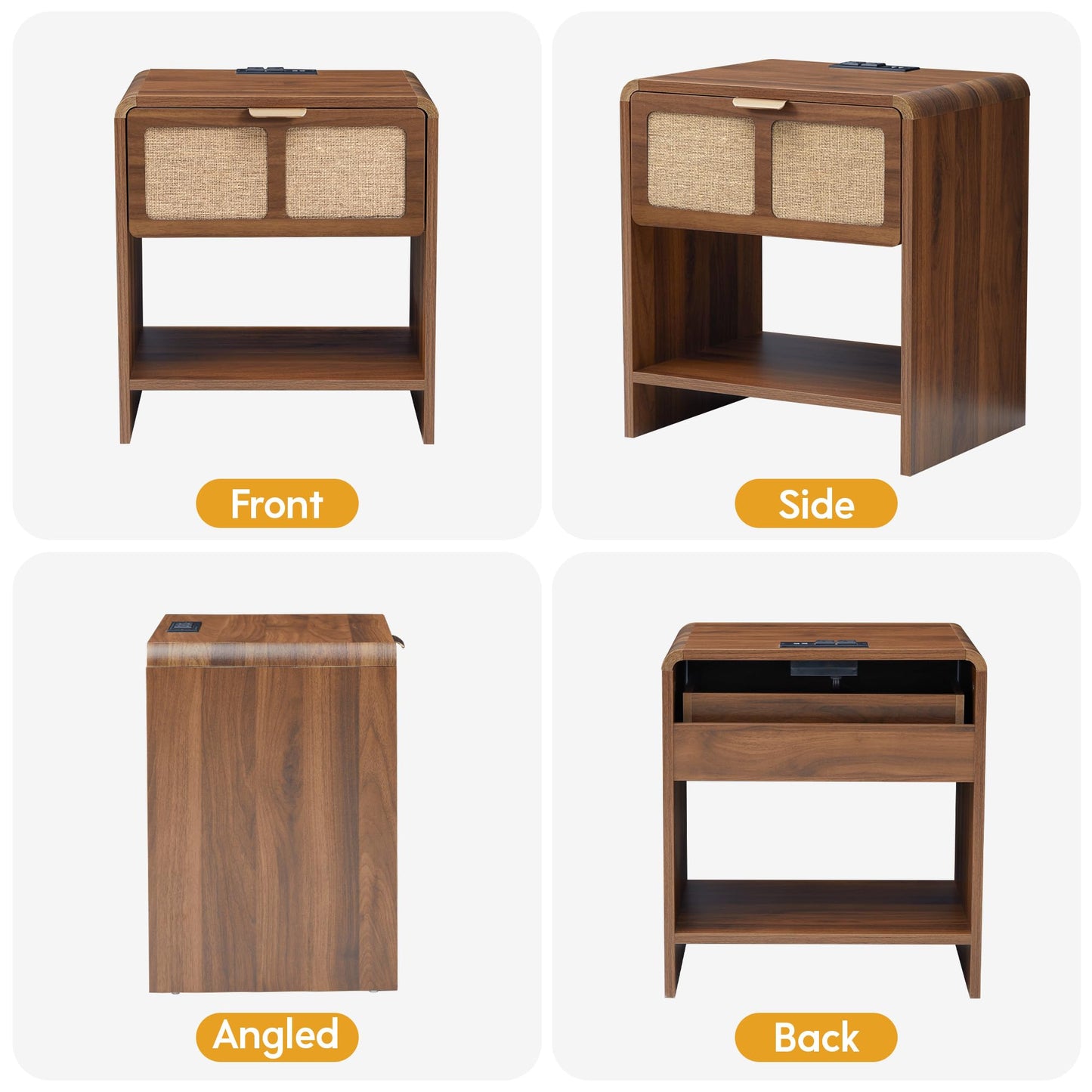 LEVNARY Nightstand with Charging Station, Mid-Century Modern Bedside Table with Curved Top Corners and Fabric-Like Textured Drawer, Wooden End Table for Farmhouse Bedroom Living Room (1, Walnut)