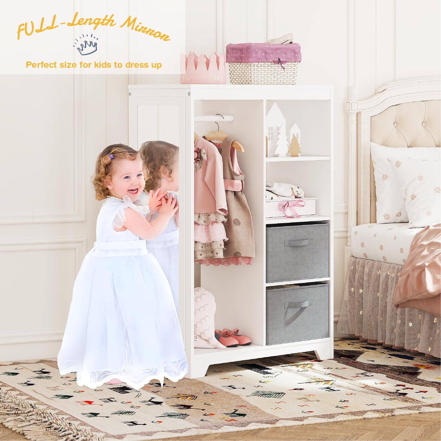 UTEX Kids Dress Up Storage with Full Length Mirror, Kids Armoire with 2 Storage Bins, Opening Hanging Costume Closet Wardrobe for Kids, Pretend Storage Closet Armoire Dresser for Kids Room