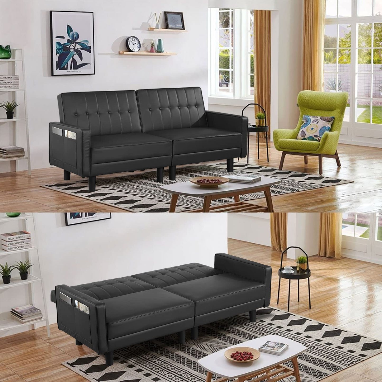 IPKIG Futon Sofa Bed - Faux Leather Convertible Sleeper Sofa with Adjustable Backrest and Side Pockets, Small Loveseat for Rentals, RVs, Bedroom, Guest Rooms (Black, Loveseat)