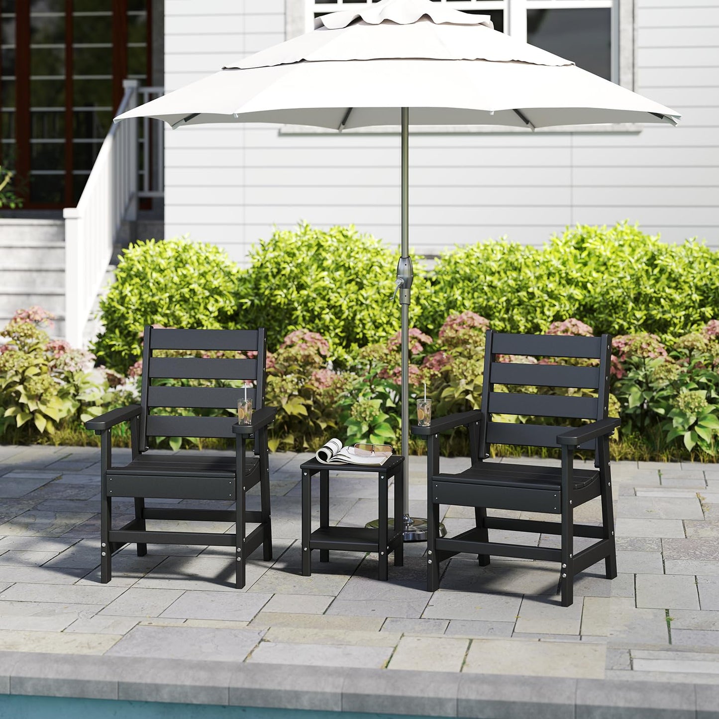 GREENVINES Patio Chair | Outdoor Dining Chairs Set of 2 | HDPE Plastic | Armrests | All Weather | QuadraLuxe | Black | for Backyard Deck Poolside Garden