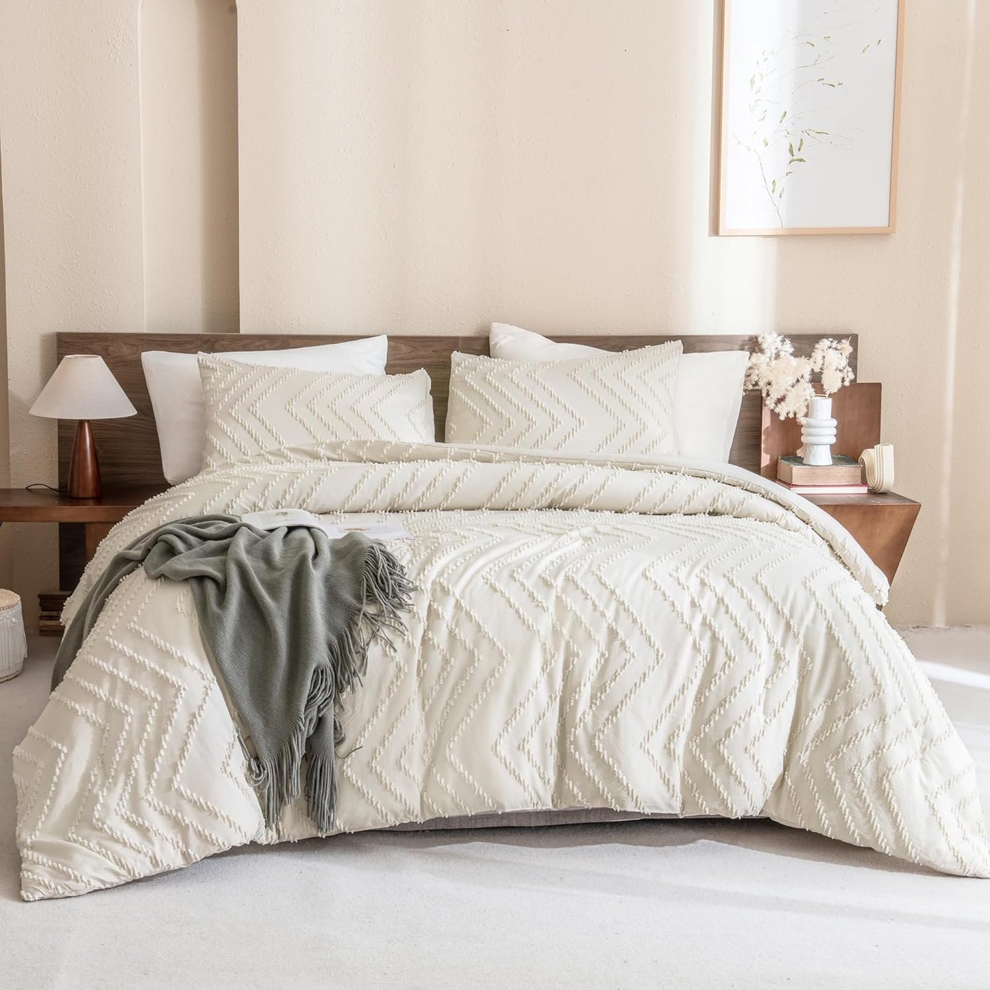 Andency Queen Comforter Set Beige, Comforters Queen Size Boho Cream Soft Warm Tufted Neutral Bedding Comforter Sets for Queen Bed, 3 Pieces Aesthetic Chevron Farmhouse Cute Bohemian Textured Bed Set