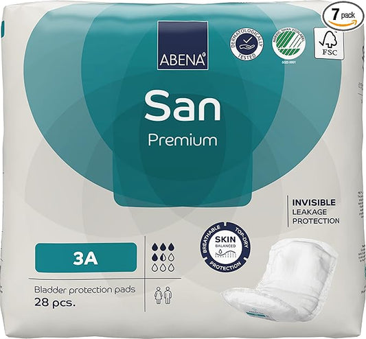 Abena San Premium Incontinence Pads, Light Absorbency, (Sizes 1 to 3A), Size 3A, (Pack of 7, 196 Count Total)
