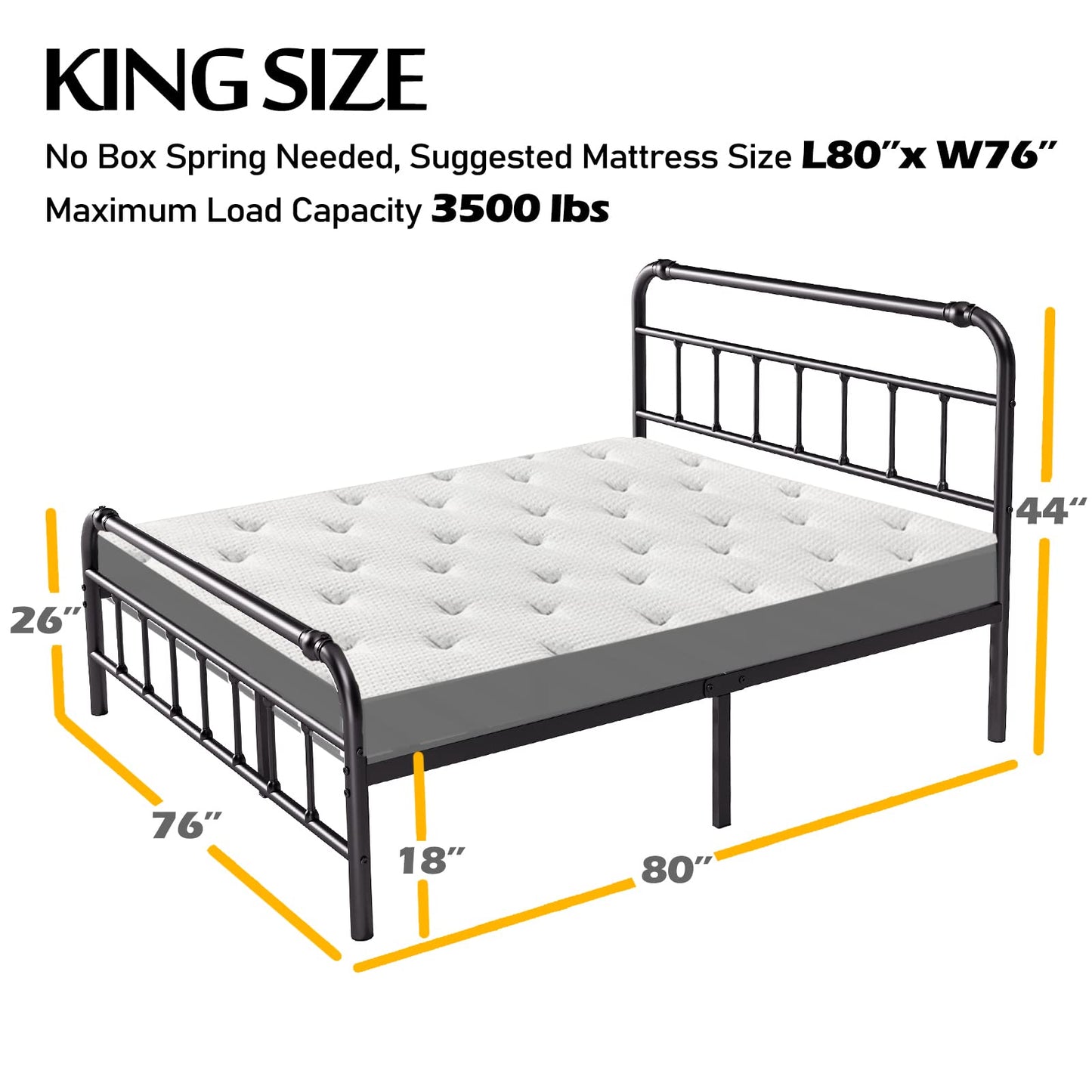 BOSRII King Size Bed Frame with Headboard and Footboard, 18 Inches High, 3500 Pounds Heavy Duty Metal Slats Support for Mattress, No Box Spring Needed,Noise-Free, Black