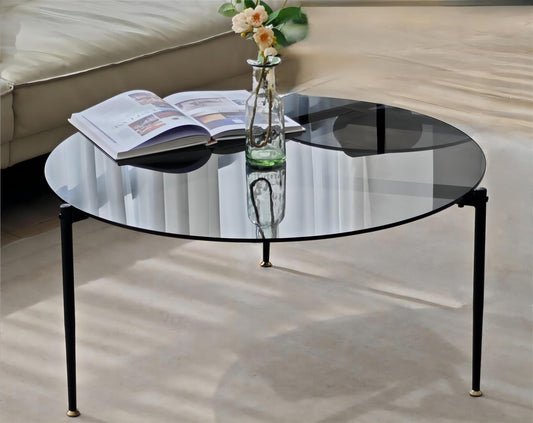 Artloge Round Tempered Glass Table: 31.5 inch Large Circle Top Storage Shelf with Metal Frame, Modern Coffee Table Center Desk Luxury Furniture for Living Room, Grey